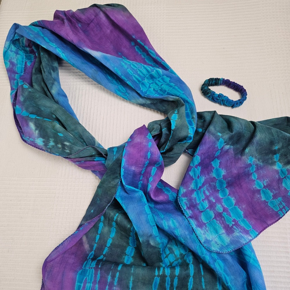 Cardani Tie Dye Scarf Scrunchie Set‎ Blue Purple Headscarf Hair Wrap